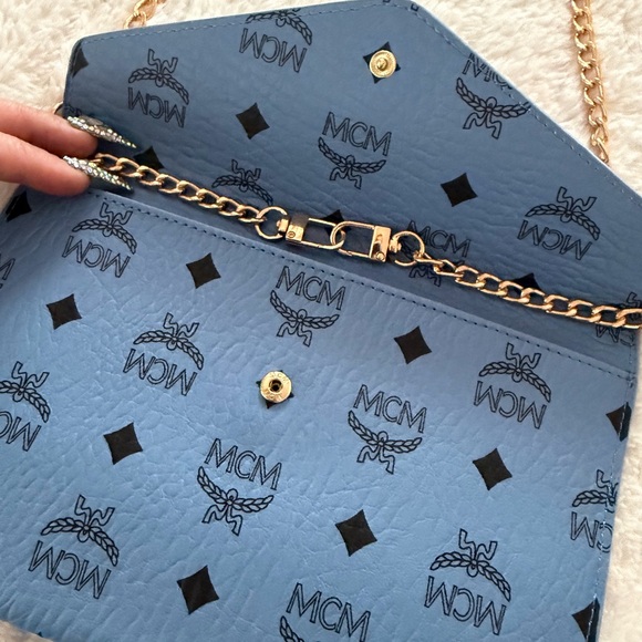 Authentic MCM Blue Monogram Envelope Pouch Clutch with Gold Chain - Picture 3 of 10